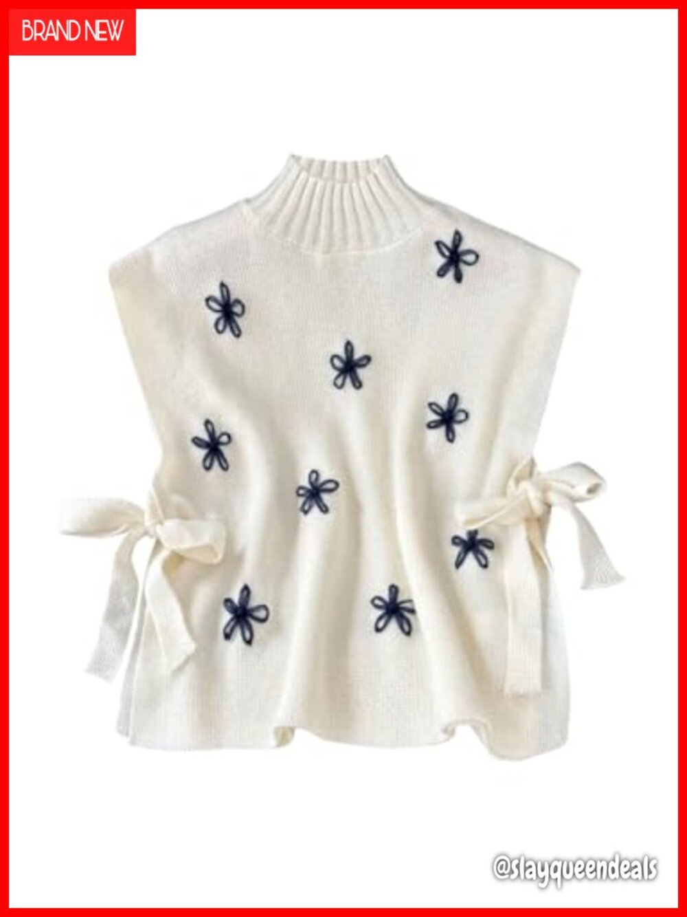 Women's Mock Neck Sweater Vest 3D Flower Side Tie Knit Sleeveless Top
